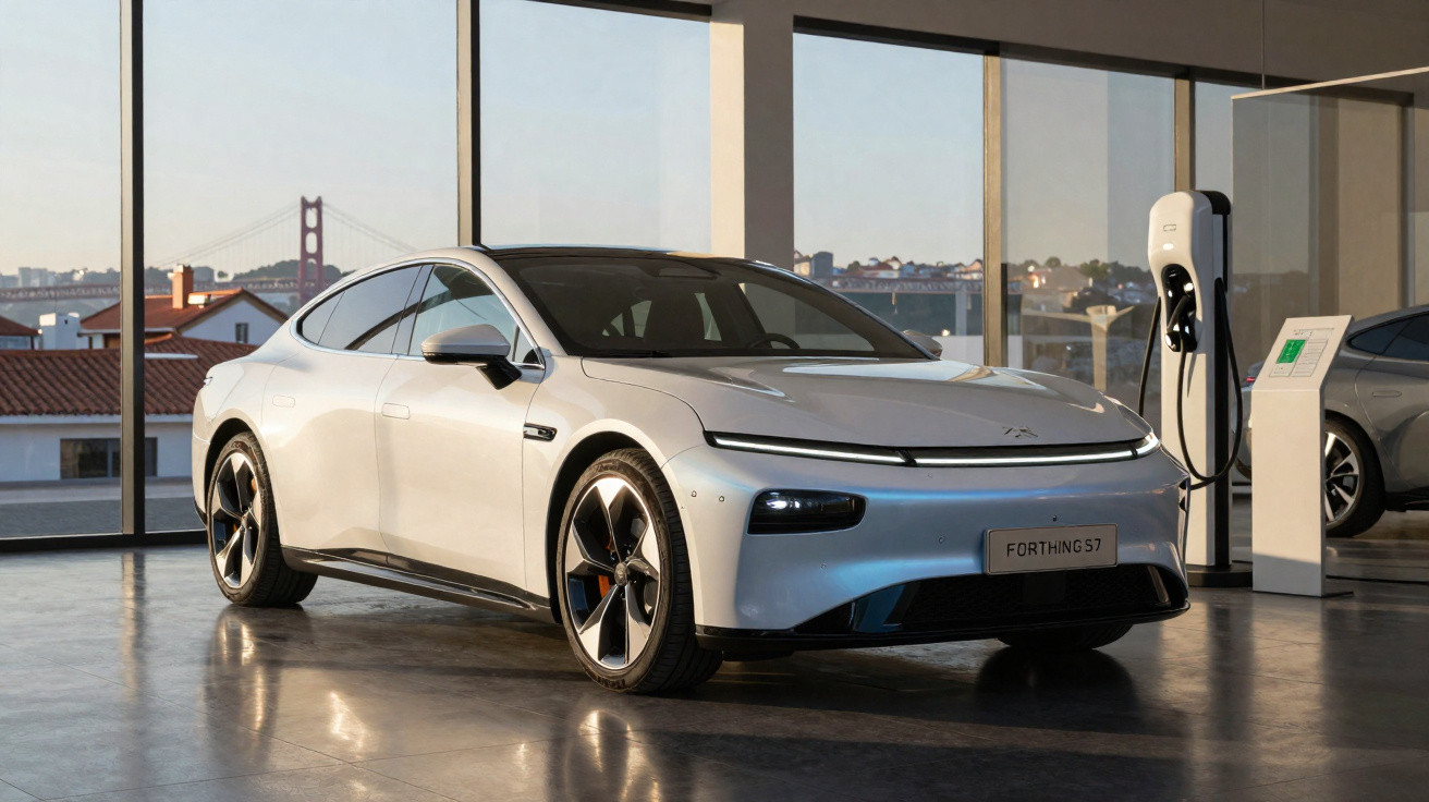 Carro elétrico branco estacionado em garagem moderna com estação de carregamento e vista urbana ao fundo.