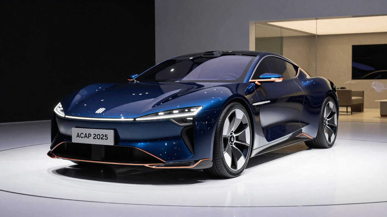 Carro desportivo elétrico azul com design moderno e luzes LED, exposto num salão elegante.