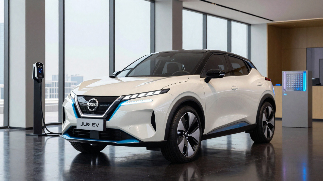 Automóvel elétrico branco Nissan Juke EV ligado a ponto de carregamento em interior moderno.