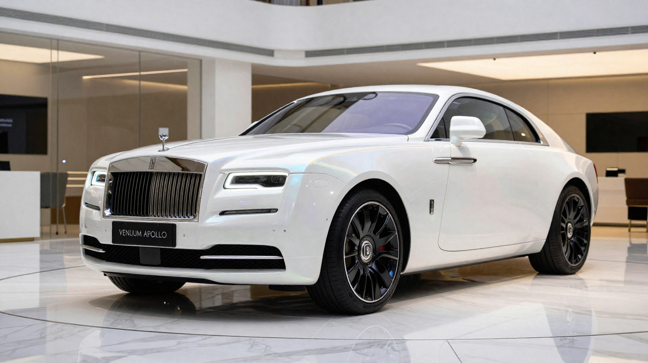 Carro de luxo branco Venum Apollo estacionado em ambiente interior moderno e minimalista.
