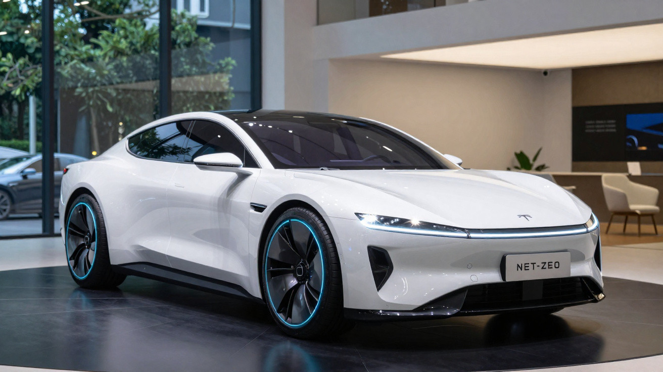 Carro elétrico branco com design aerodinâmico e rodas com detalhes azuis numa exposição interior moderna.