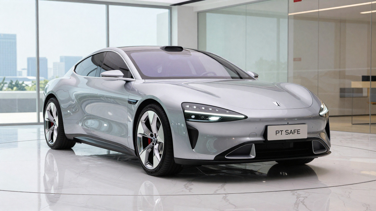 Carro elétrico moderno cinza estacionado em espaço interior com piso brilhante e vista urbana ao fundo.