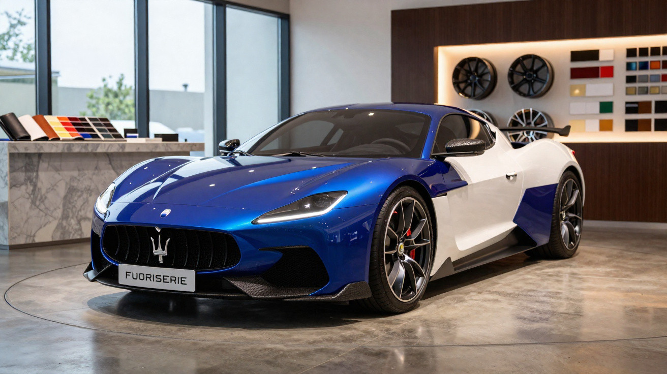 Carro desportivo Maserati azul e branco em exposição num showroom moderno com amostras de cores e jantes.