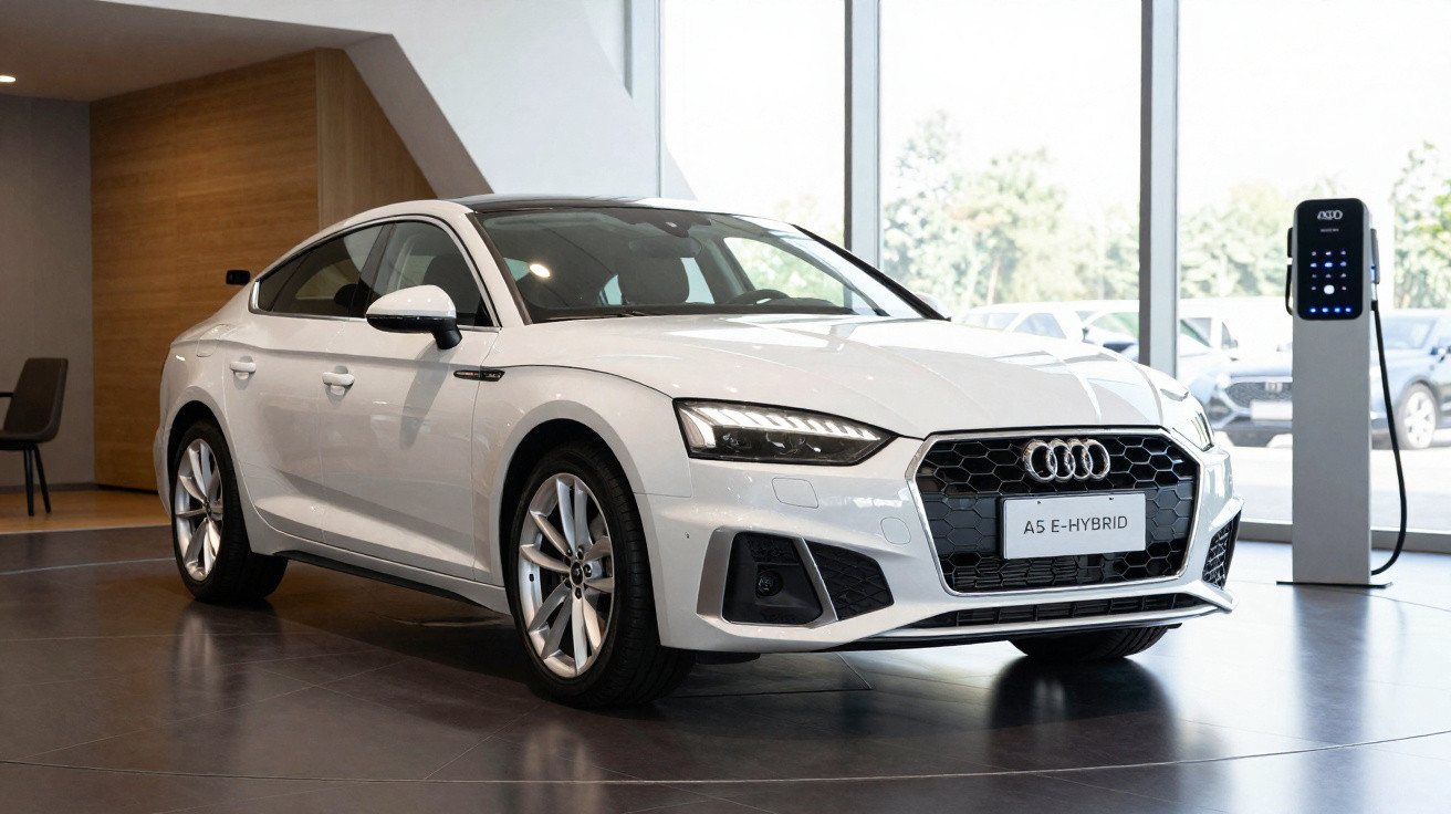 Carro Audi A5 E-Hybrid branco estacionado em showroom moderno com carregador elétrico ao lado.