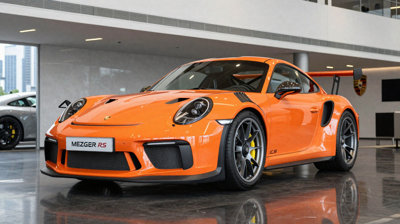 Porsche 911 GT3 RS laranja brilhante numa sala de exposição moderna com chão refletor.