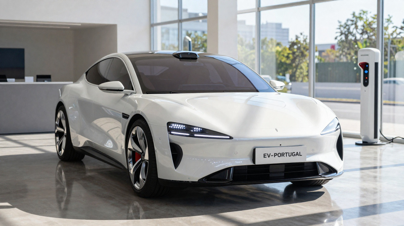 Carro elétrico branco moderno num espaço interior com carregador elétrico ao fundo.