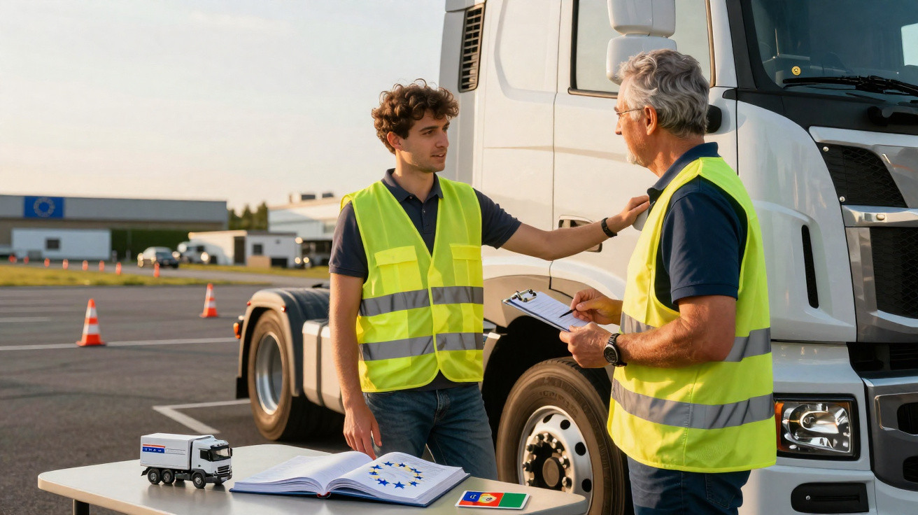 Dois homens com coletes reflexivos conversam junto a um camião branco num pátio de veículos de transporte.