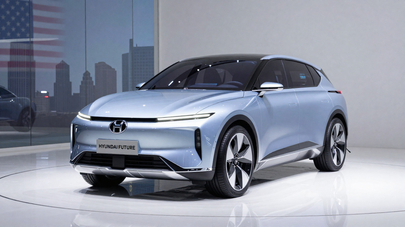 Carro elétrico Hyundai Future de cor prata em exposição numa plataforma circular branca.