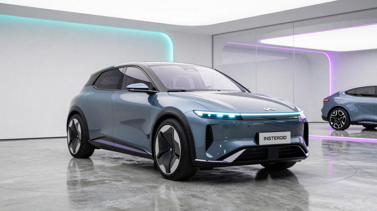 Carro elétrico azul metálico desportivo numa exposição moderna com luzes LED coloridas.