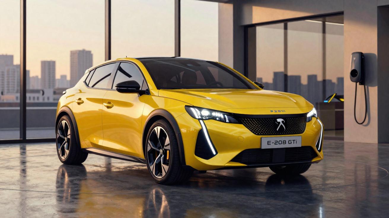 Peugeot elétrico amarelo estacionado interior com janelas panorâmicas e estação de carregamento mural.