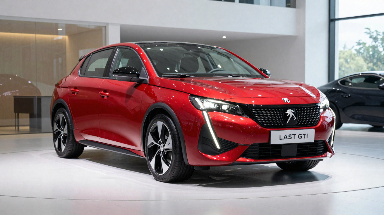 Carro desportivo vermelho Peugeot Last GTI em exibição numa sala moderna e iluminada.