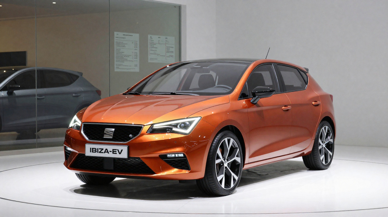 Carro elétrico compacto SEAT IBIZA-EV laranja exibido em plataforma branca num salão automóvel.