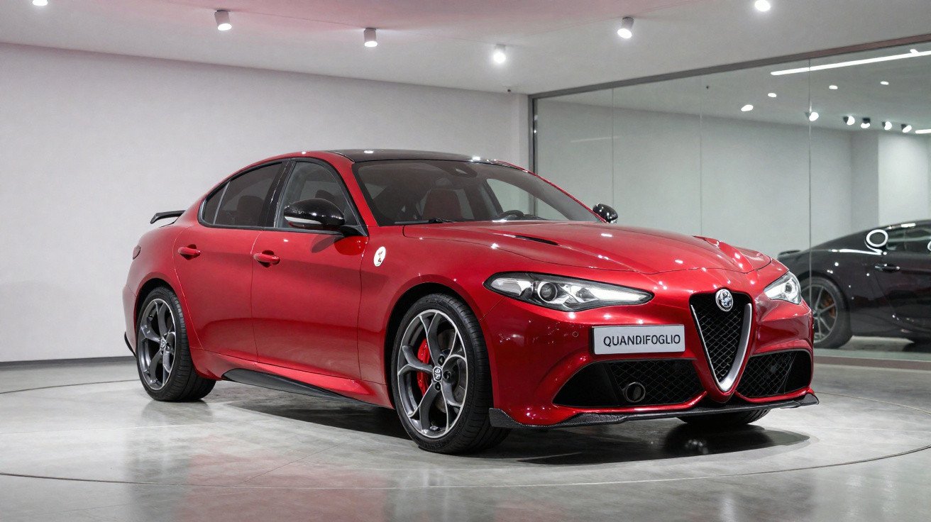 Alfa Romeo Giulia Quadrifoglio vermelho em showroom com espelho refletindo outro carro preto.