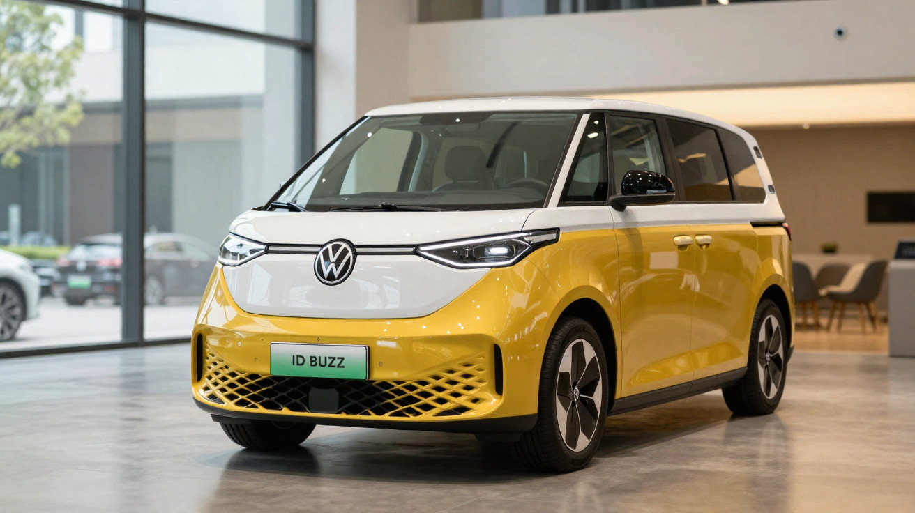 Volkswagen ID Buzz elétrico amarelo e branco estacionado num interior moderno.
