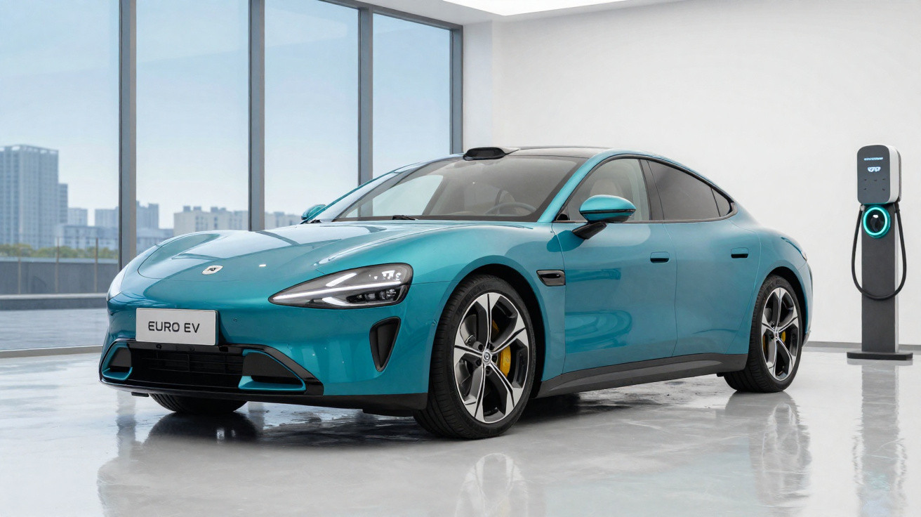 Carro elétrico azul metálico estacionado num espaço interior com estação de carregamento ao lado.