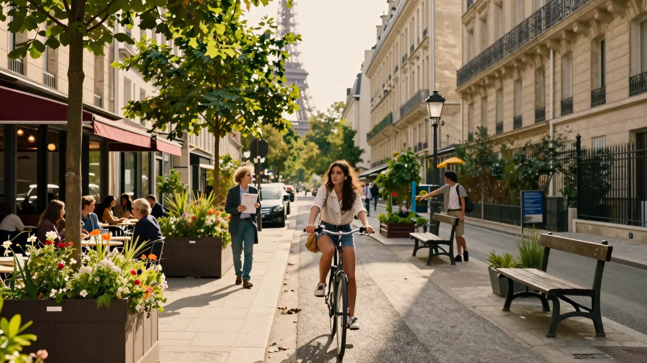 Rua animada de Paris com pessoas, ciclista, esplanada e a Torre Eiffel ao fundo.