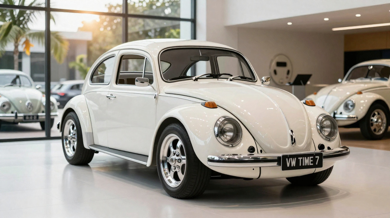 Carro clássico Volkswagen Fusca branco estacionado numa sala de exposição moderna e iluminada.