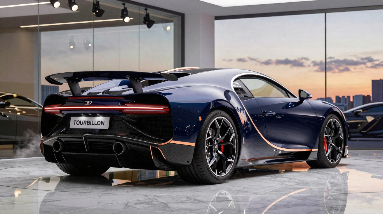 Carro desportivo Bugatti Tourbillon azul escuro estacionado numa sala moderna ao pôr do sol.