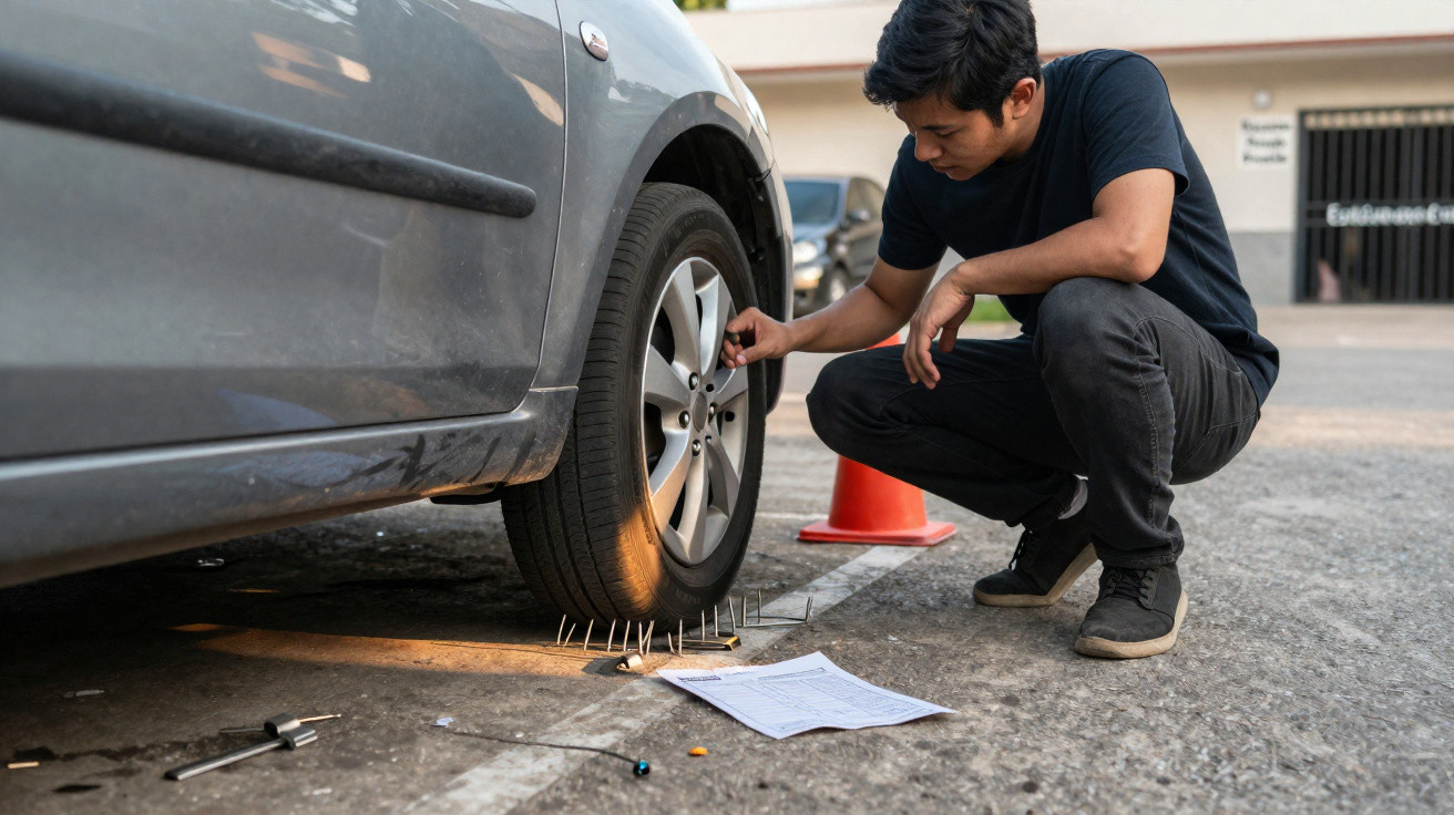 Homem ajoelhado verifica pneus de carro furado por pregos num parque de estacionamento ao ar livre.