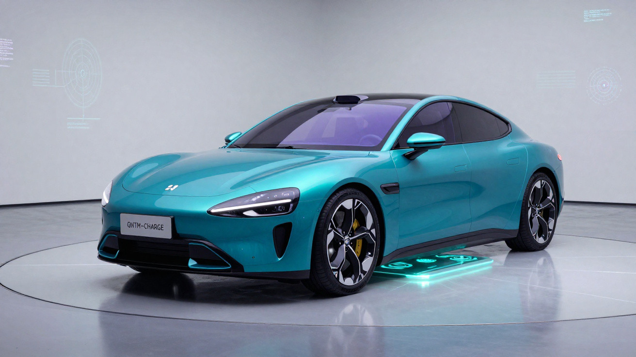 Carro elétrico desportivo azul-turquesa num espaço moderno com iluminação futurista e detalhes tecnológicos no chão.