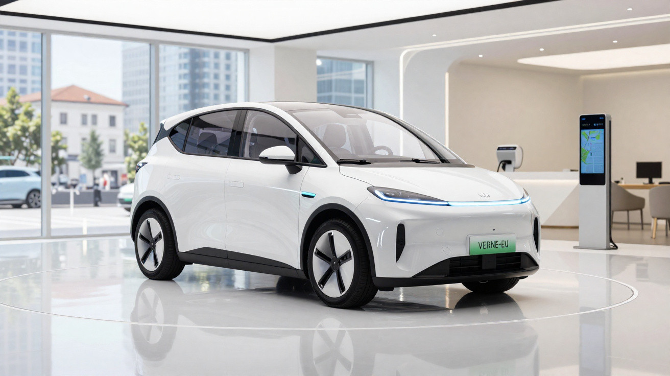 Carro elétrico branco moderno em exposição numa sala ampla e iluminada com janelas grandes.