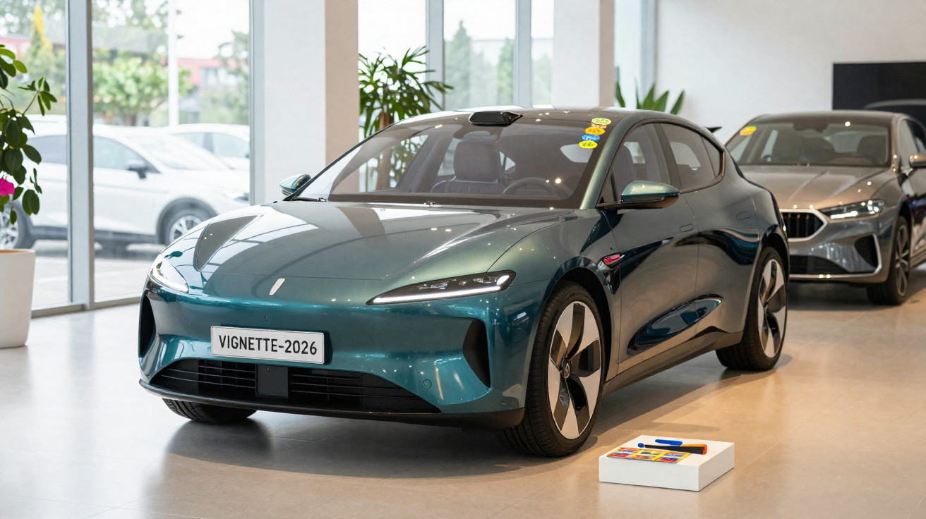 Carro elétrico azul metálico exposto em salão, com destaque para design moderno e jantes aerodinâmicas.