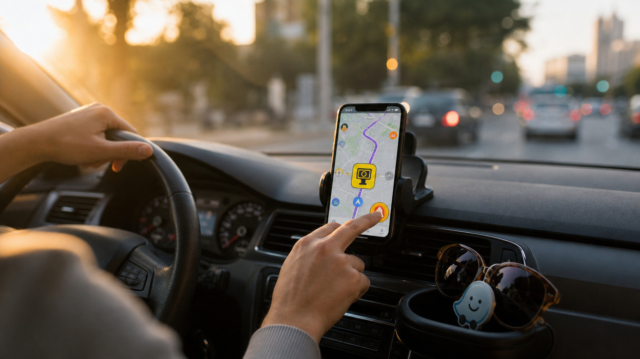 Pessoa a usar aplicação de navegação num smartphone montado no interior de um carro ao pôr do sol.