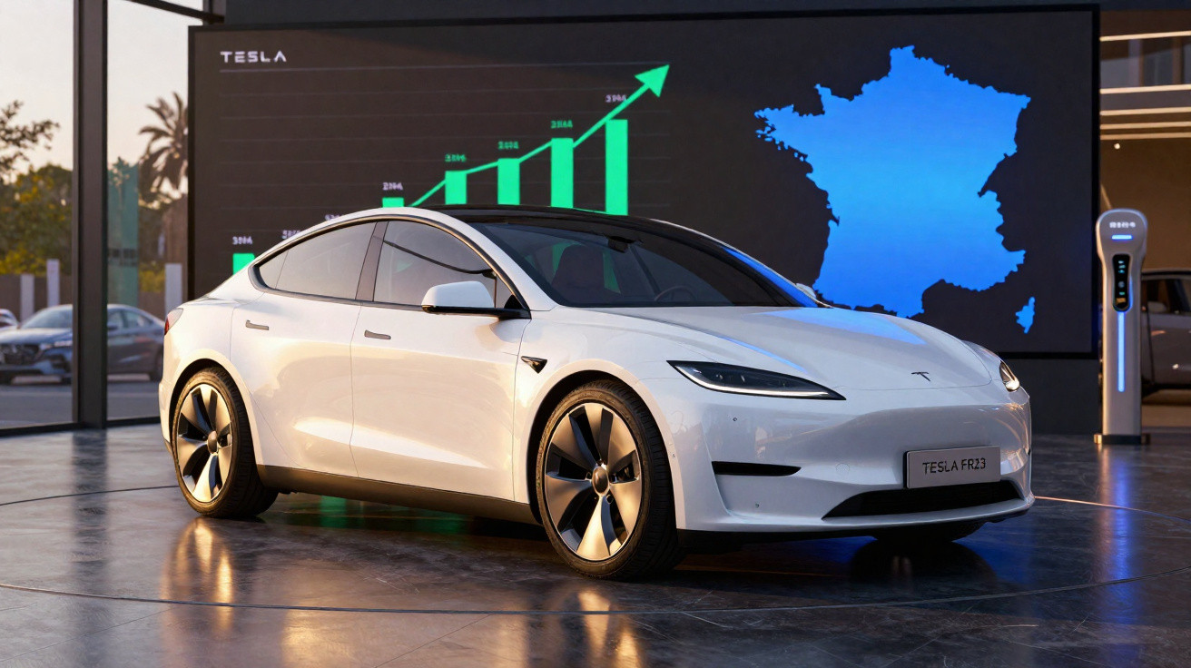 Carro elétrico Tesla branco estacionado em showroom com gráfico e mapa de França ao fundo.