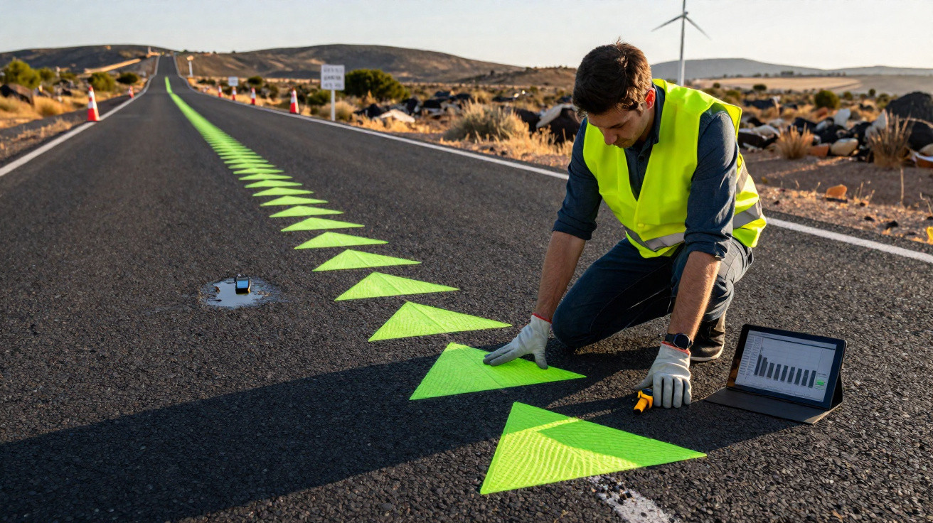 Homem com colete refletor aplica setas verdes no asfalto de estrada deserta com laptop ao lado.