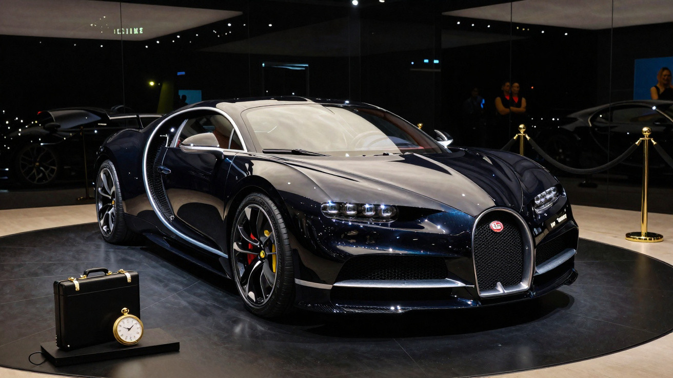 Automóvel desportivo Bugatti preto em exposição, rodeado por espelhos e barreiras douradas.