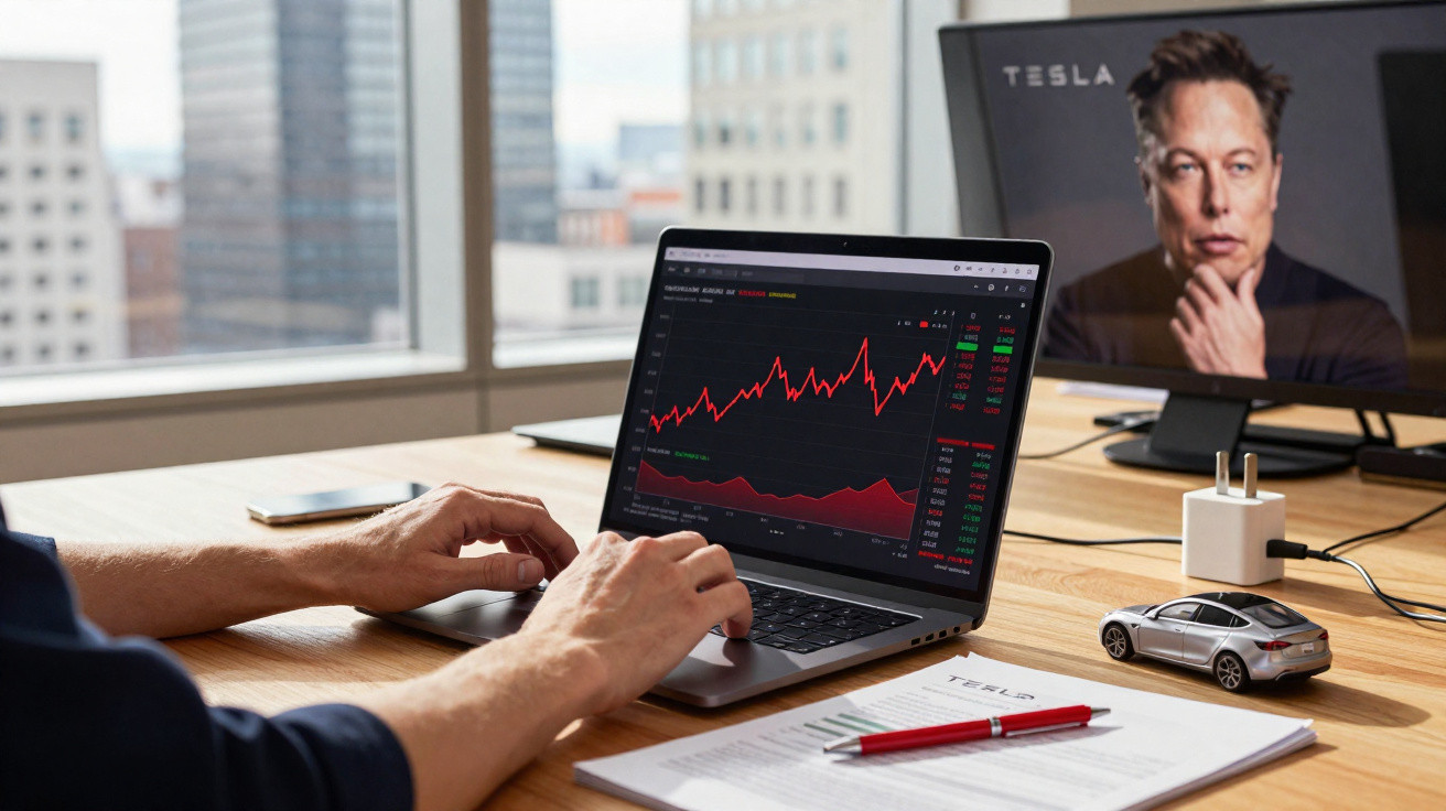 Pessoa analisa gráficos financeiros da Tesla num portátil, com Tesla e Elon Musk visíveis no ecrã e documentos na mesa.