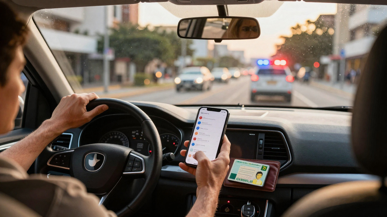 Pessoa a conduzir um carro enquanto usa o telemóvel, com documento de identificação visível no tablier.
