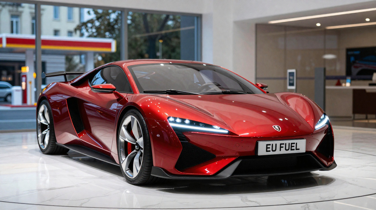 Carro desportivo vermelho brilhante com faróis LED e matrículas EU FUEL em showroom moderno.
