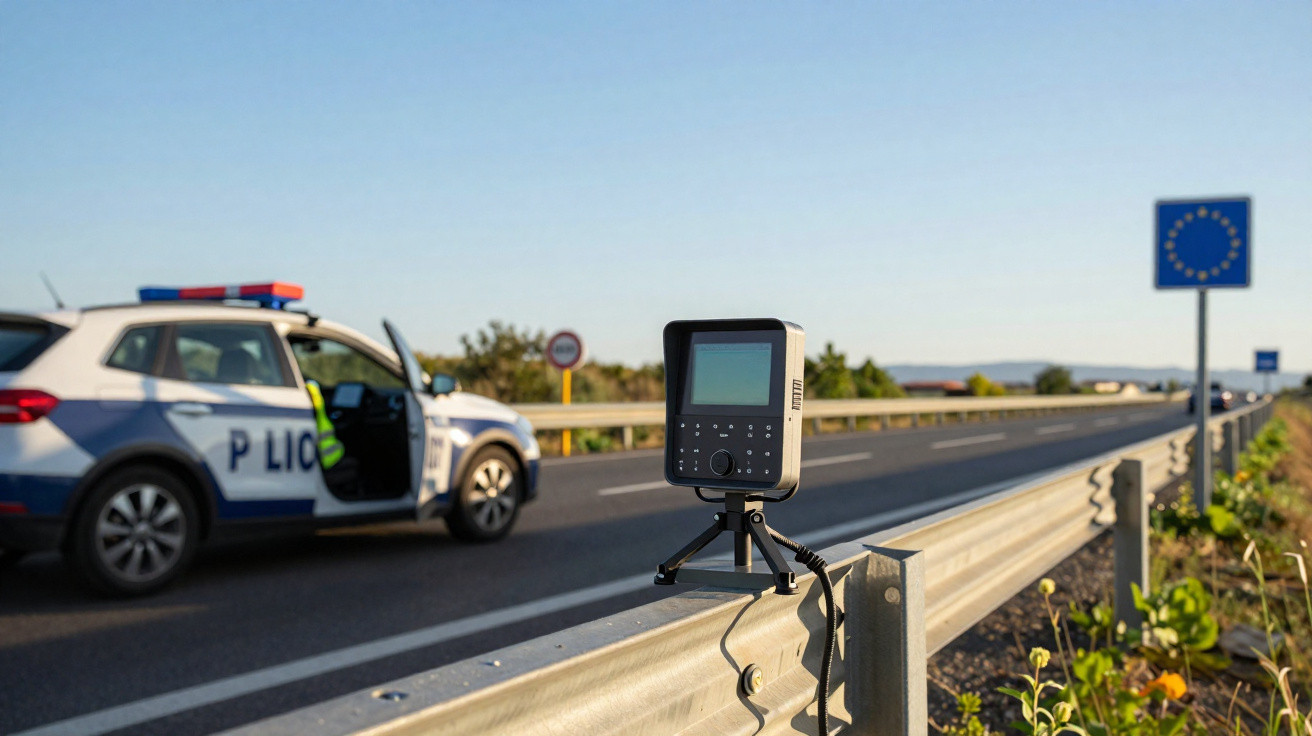 Radar de velocidade montado numa estrada com viatura da polícia estacionada ao lado em dia soalheiro.