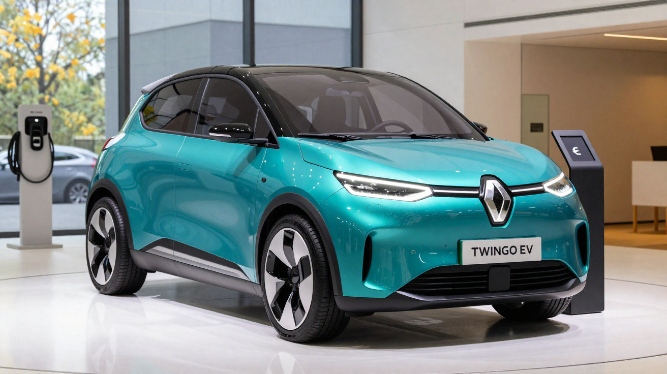 Carro elétrico Renault Twingo EV azul exibido em showroom moderno, com estação de carregamento ao lado.