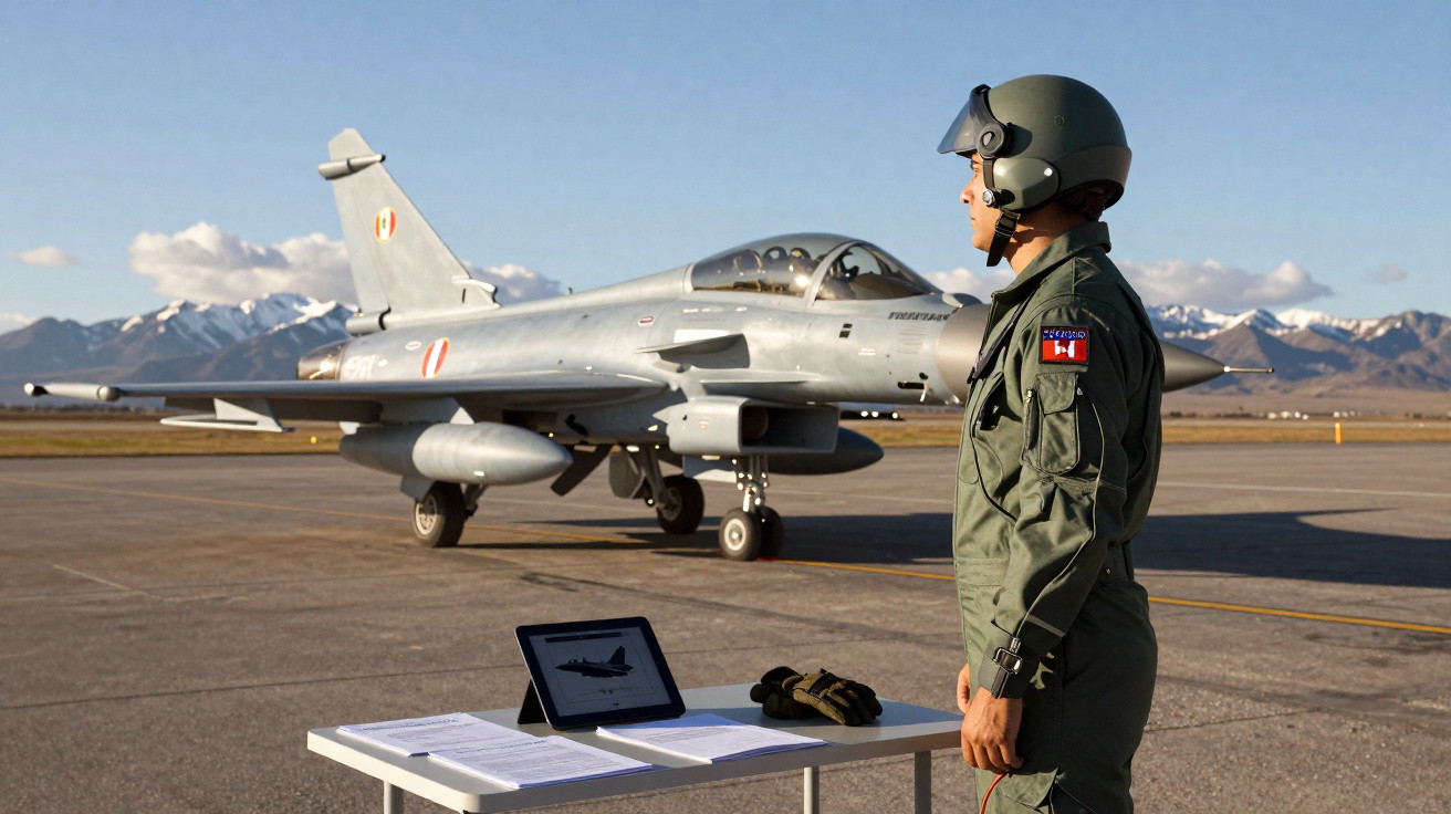 Piloto militar em uniforme e capacete ao lado de avião de combate estacionado em pista de aeroporto.