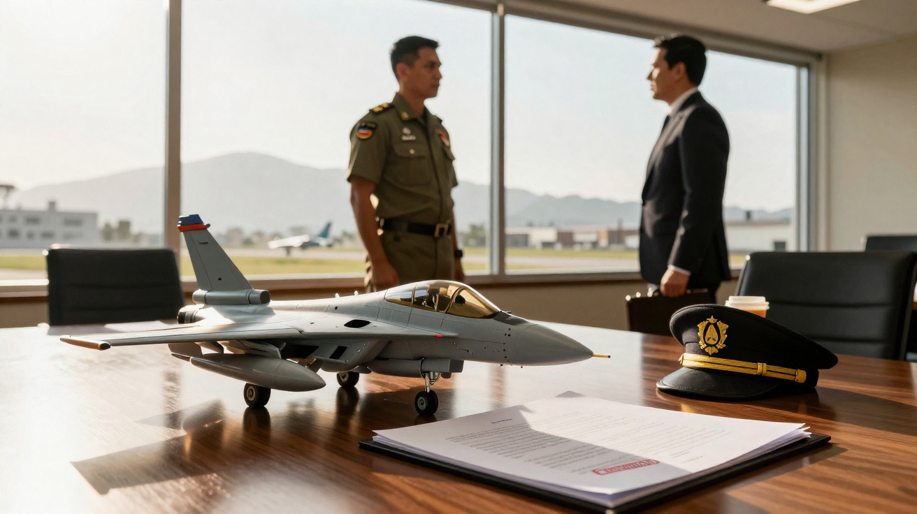 Modelo de avião militar numa mesa com documentos, chapéu e dois homens a conversar ao fundo numa sala iluminada.