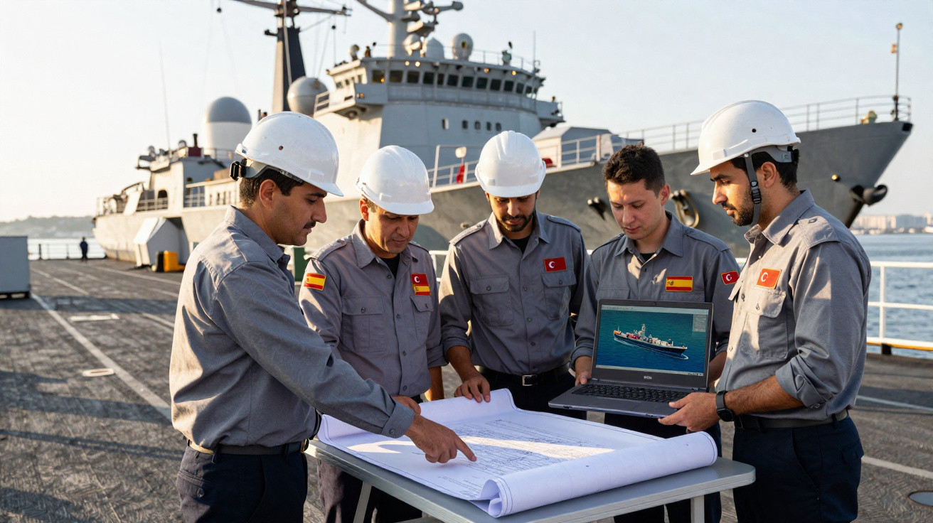 Cinco homens de capacete branco analisam mapas e computador com imagem de navio em convés naval.