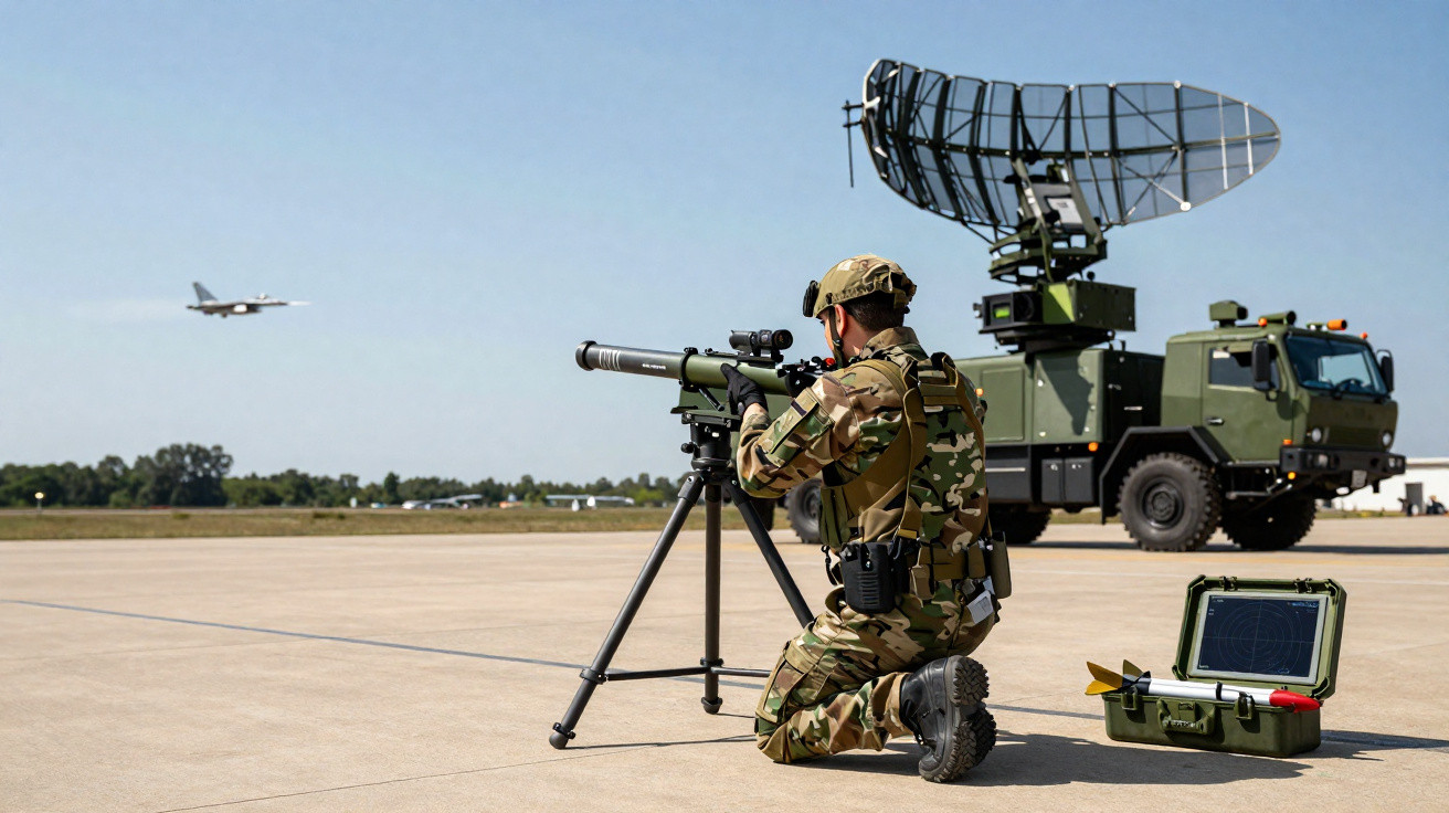 Soldado em uniforme camuflado ajoelhado com arma antiaérea, radar móvel e avião ao fundo num aeroporto.