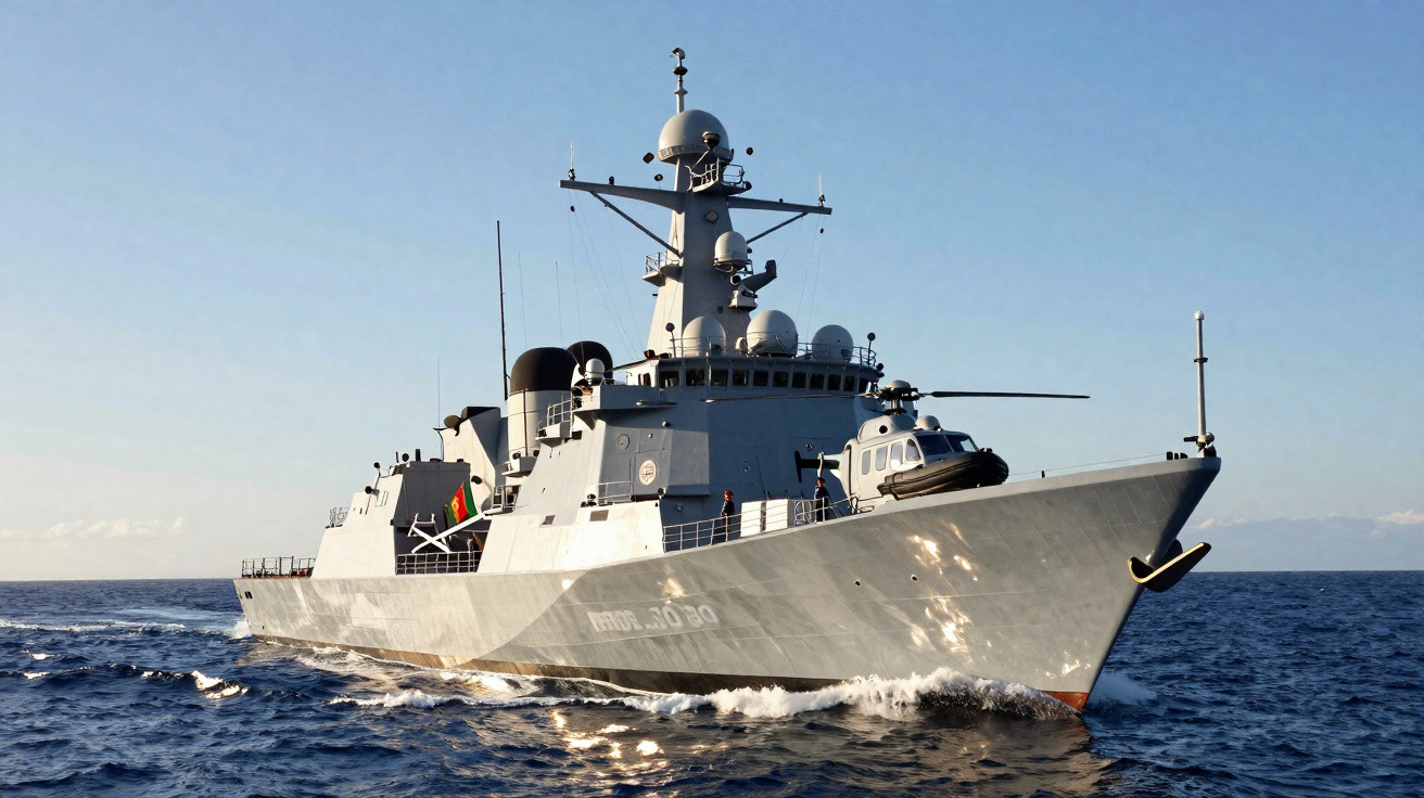 Navio militar cinzento a navegar no mar sob um céu limpo e azul.