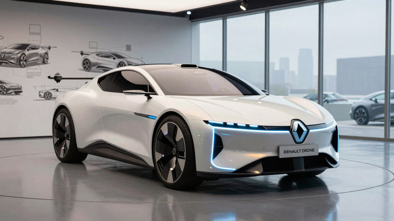 Carro conceito elétrico Renault Drone branco com luzes LED azuis, exposto num showroom moderno.