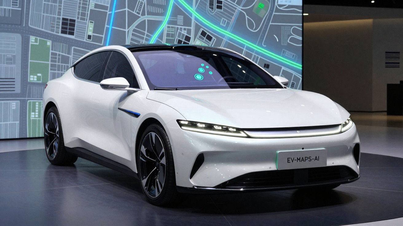Carro elétrico branco com design aerodinâmico e ecrã digital no para-brisas, exposto num salão automóvel.