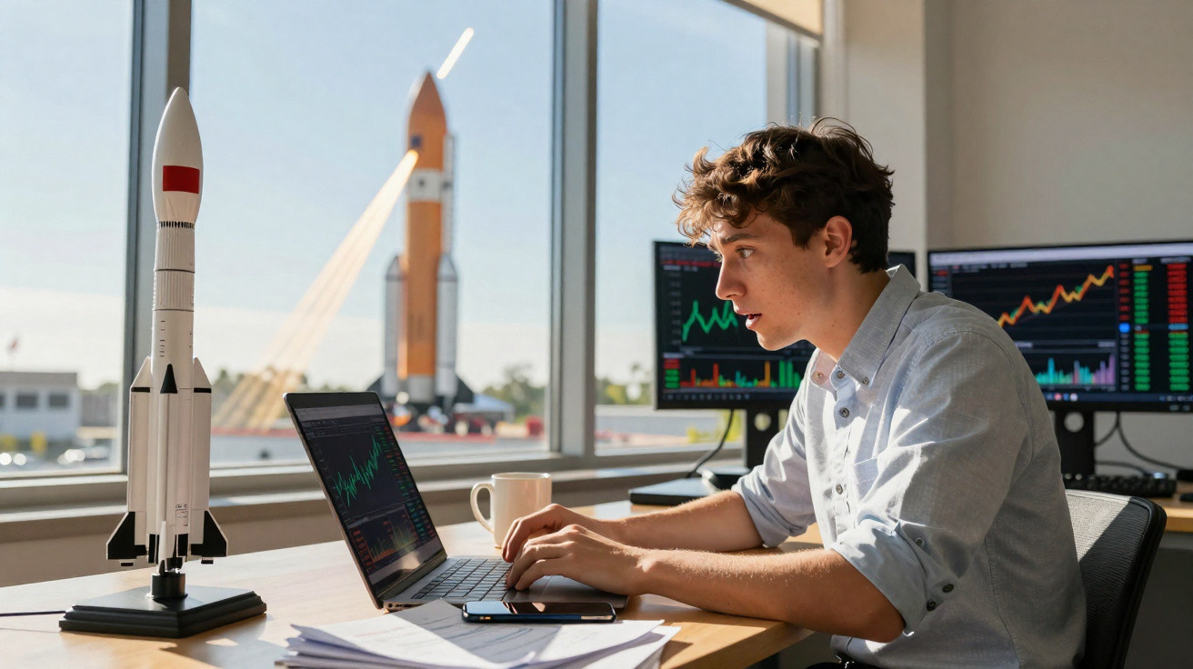 Jovem analisa gráficos financeiros no computador, com modelos de foguetões na secretária e ao fundo.