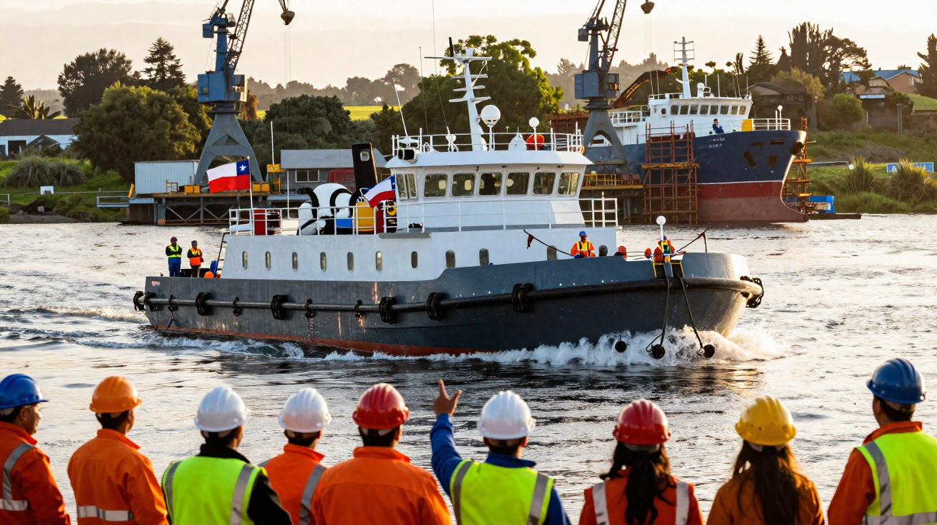 Barco cinzento em água com oito trabalhadores de colete e capacete a observar em primeiro plano.