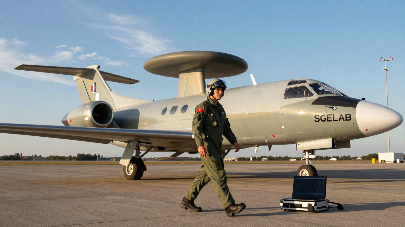 Avião de vigilância aérea cinzento com radar em cima e piloto a caminhar no aeroporto, perto de equipamento portátil.