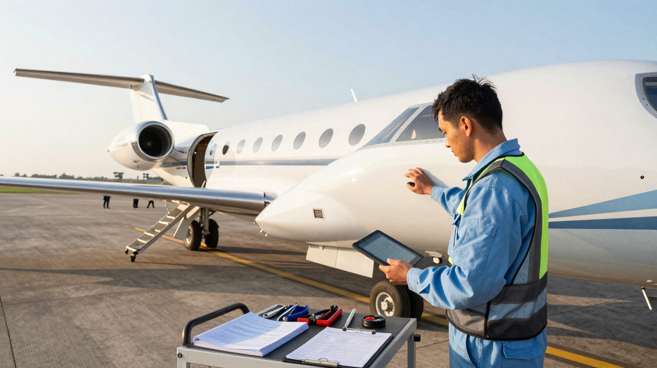 Técnico em fato azul verifica jato privado com tablet ao lado de carrinho com ferramentas e documentos.