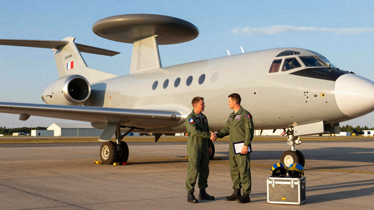 Dois pilotos militares cumprimentam-se junto a um avião de reconhecimento aéreo com radar.