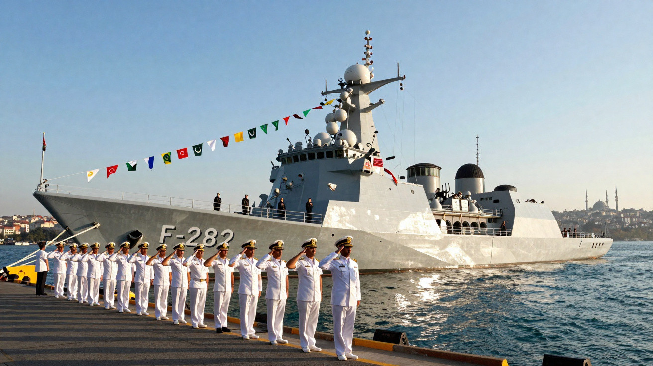 Marinheiros em farda branca saudando junto a um navio de guerra cinzento ancorado num cais marítimo.