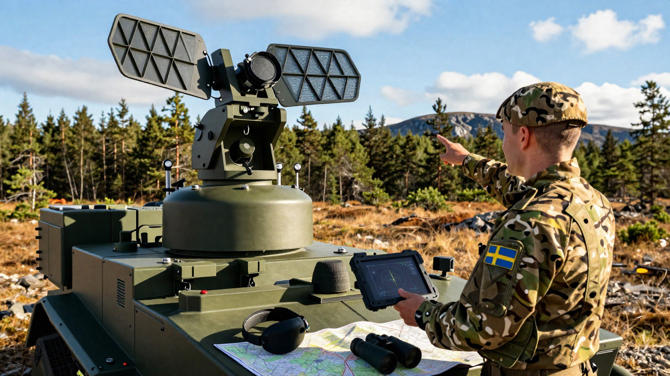 Militar sueco em uniforme de camuflagem opera veículo robótico equipado com dispositivos de vigilância em floresta.