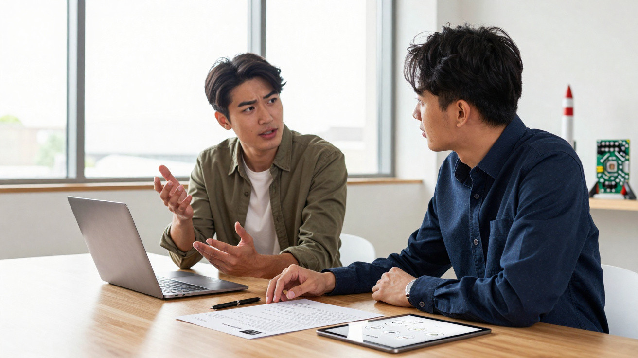 Dois homens jovens discutem documentos e usam laptop e tablet numa mesa de escritório.